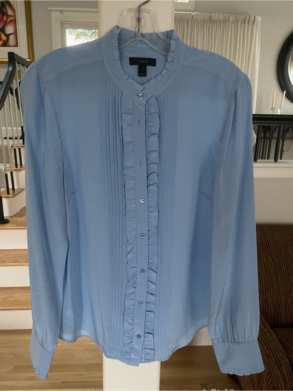 J. Crew Women's Silk Light Blue Ruffle Front Button-Up Shirt